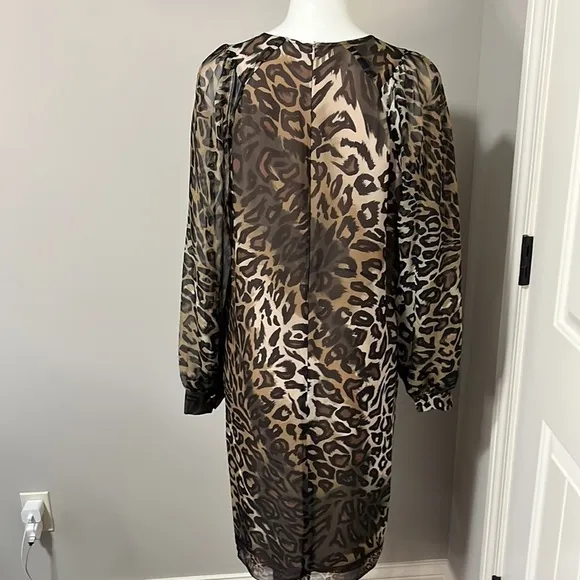 LUISA CERANO Leopard Silk Chiffon Dress Brown Cream Knee Length Shift Sz M