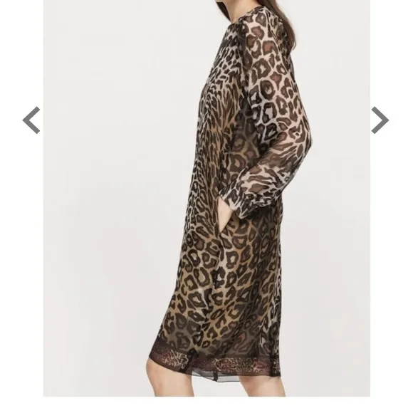 LUISA CERANO Leopard Silk Chiffon Dress Brown Cream Knee Length Shift Sz M