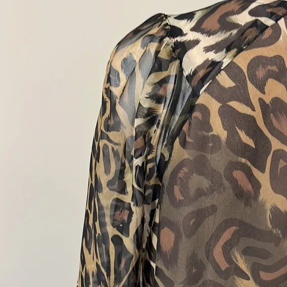 LUISA CERANO Leopard Silk Chiffon Dress Brown Cream Knee Length Shift Sz M