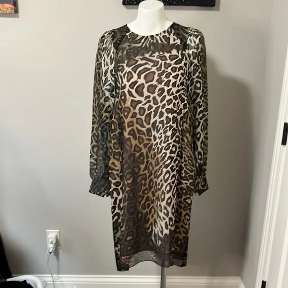 LUISA CERANO Leopard Silk Chiffon Dress Brown Cream Knee Length Shift Sz M