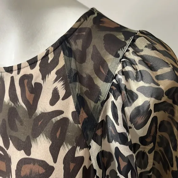 LUISA CERANO Leopard Silk Chiffon Dress Brown Cream Knee Length Shift Sz M