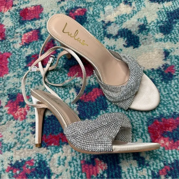 Lulus Milliee Ivory Satin Rhinestone Ankle Strap High Heel Sandals