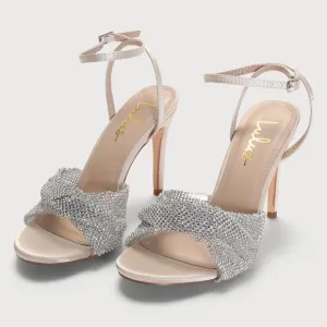 Lulus Milliee Ivory Satin Rhinestone Ankle Strap High Heel Sandals
