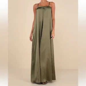 Lulus Modern Poise Olive Green Satin Pleated SleevelessMaxi Dress