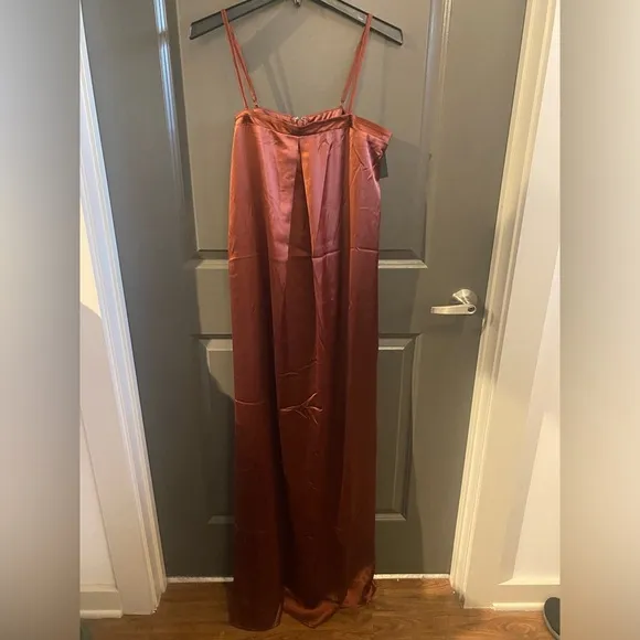 Lulus Modern Poise Rust Red Satin Pleated Sleeveless Maxi Dress