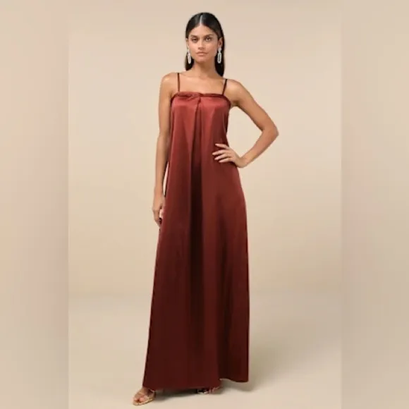 Lulus Modern Poise Rust Red Satin Pleated Sleeveless Maxi Dress