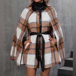 Luxe Classic Elegant Plaid Print Button Down Cape Jacket