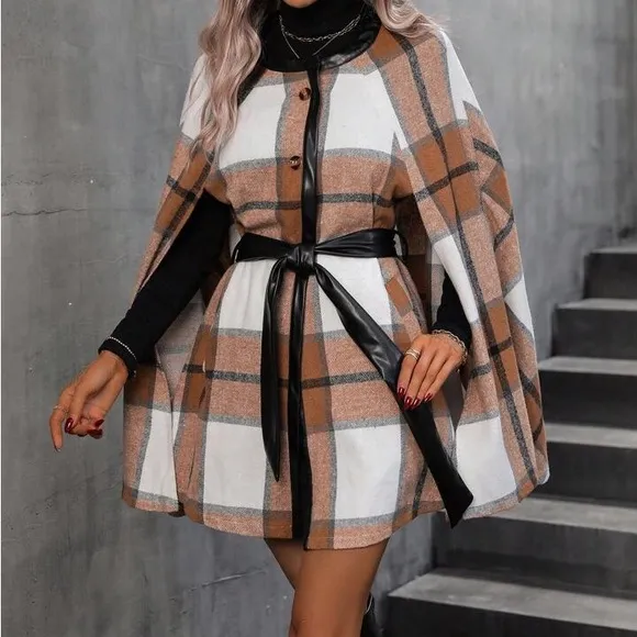 Luxe Classic Elegant Plaid Print Button Down Cape Jacket
