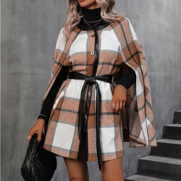Luxe Classic Elegant Plaid Print Button Down Cape Jacket