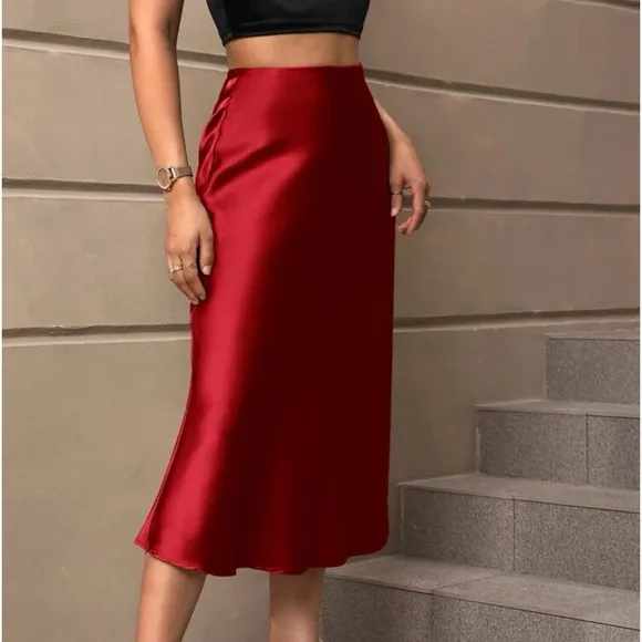 Luxe Satin Classic Elegant Midi Skirt Red