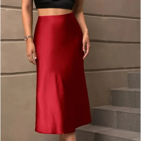 Luxe Satin Classic Elegant Midi Skirt Red