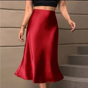 Luxe Satin Classic Elegant Midi Skirt Red