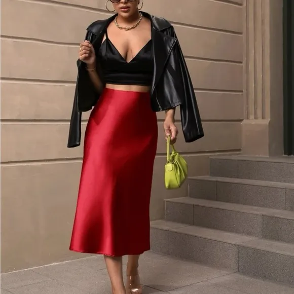 Luxe Satin Classic Elegant Midi Skirt Red