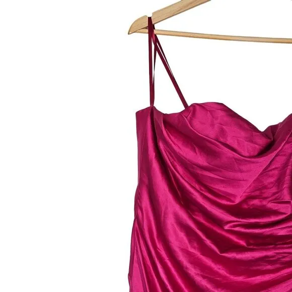 Mac Duggal Ieena Strapless Ruche Satin Classic Gown Hi-Slit Pink Women 12 NWT