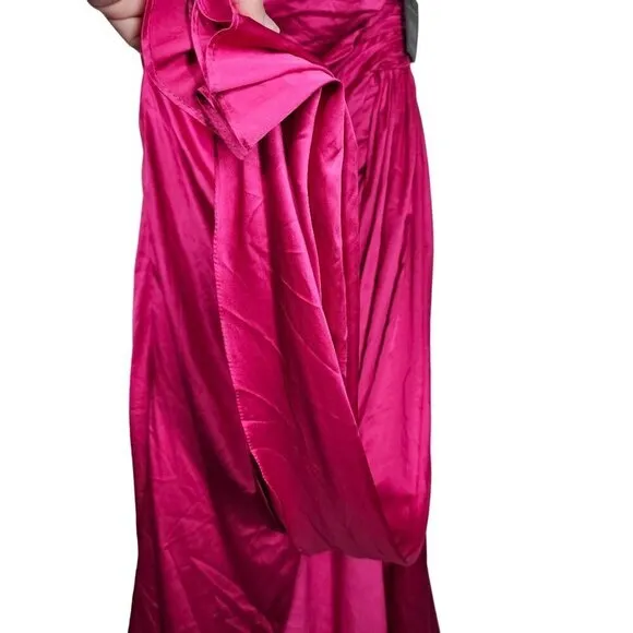 Mac Duggal Ieena Strapless Ruche Satin Classic Gown Hi-Slit Pink Women 12 NWT