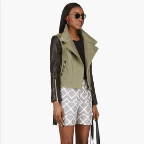 Mackage Andra color block leather sleeve army military jacket green sz M