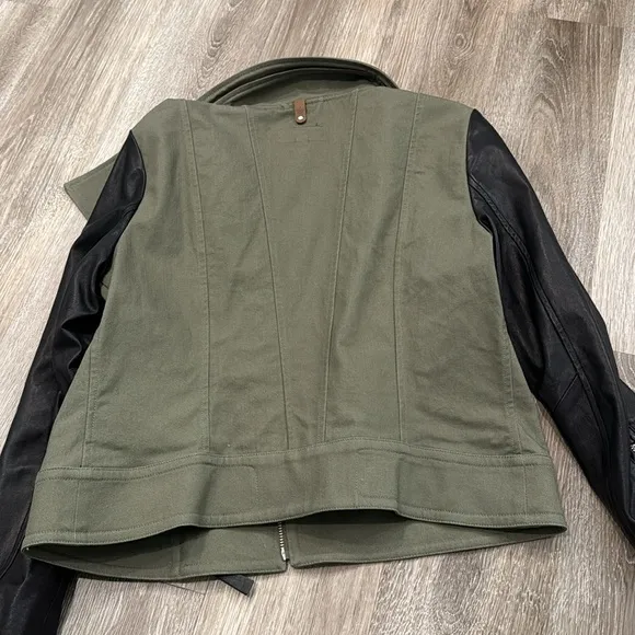 Mackage Andra color block leather sleeve army military jacket green sz M