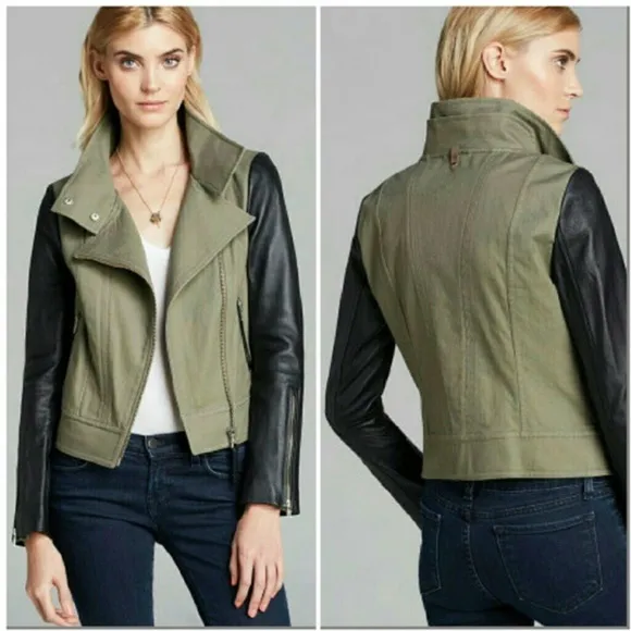 Mackage Andra color block leather sleeve army military jacket green sz M