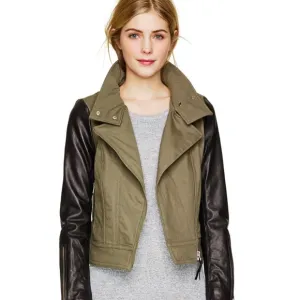 Mackage Andra color block leather sleeve army military jacket green sz M