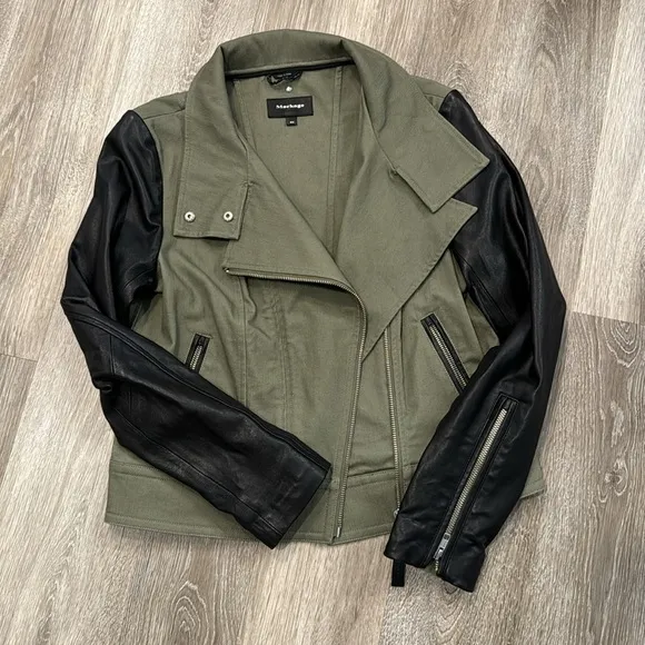Mackage Andra color block leather sleeve army military jacket green sz M