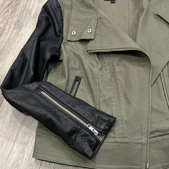 Mackage Andra color block leather sleeve army military jacket green sz M