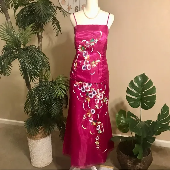 Magenta 3 pcs. Filipiniana Modern Terno with Hand Painted Floral details