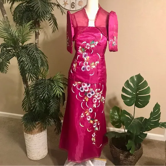 Magenta 3 pcs. Filipiniana Modern Terno with Hand Painted Floral details