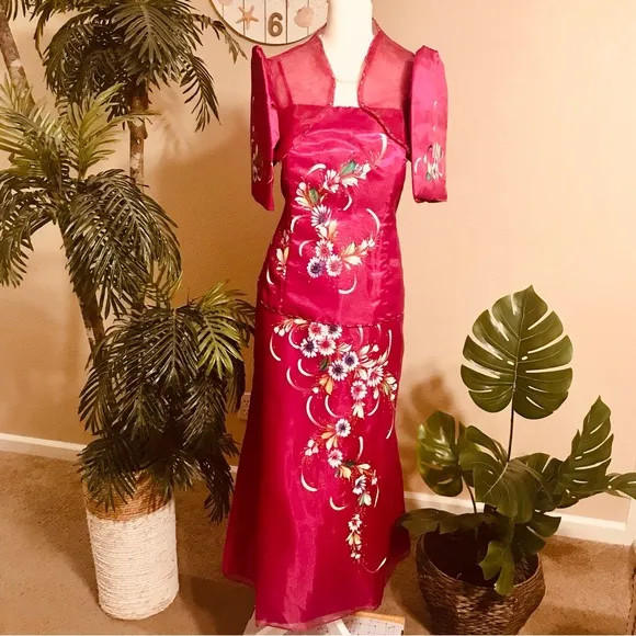 Magenta 3 pcs. Filipiniana Modern Terno with Hand Painted Floral details