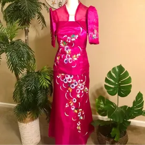 Magenta 3 pcs. Filipiniana Modern Terno with Hand Painted Floral details