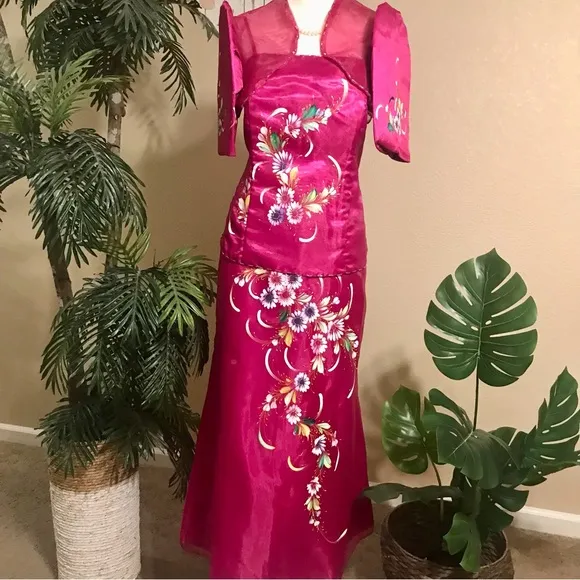 Magenta 3 pcs. Filipiniana Modern Terno with Hand Painted Floral details