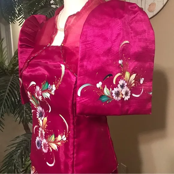 Magenta 3 pcs. Filipiniana Modern Terno with Hand Painted Floral details