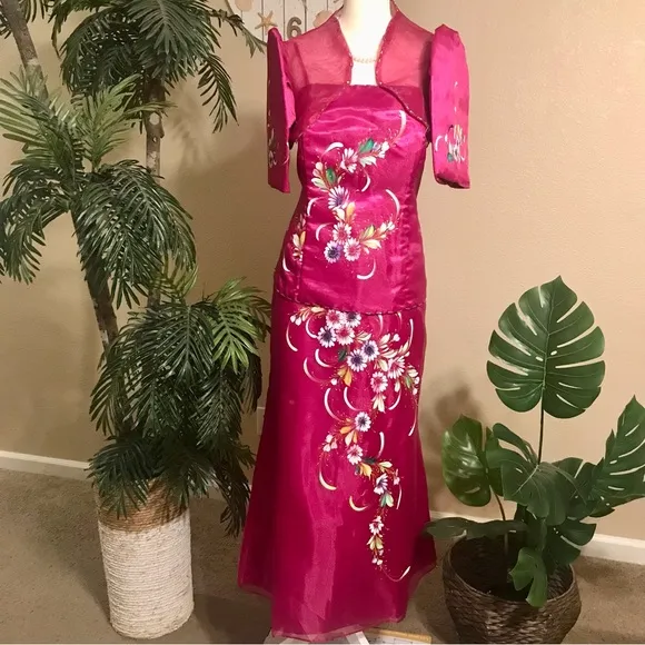 Magenta 3 pcs. Filipiniana Modern Terno with Hand Painted Floral details