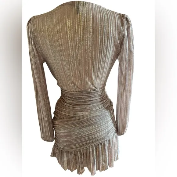 Maje Modern Rose Pink, Gold Metallic Faux Wrap V-Neck draped Mini Dress wSize 8