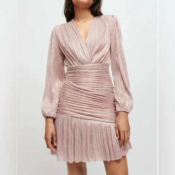 Maje Modern Rose Pink, Gold Metallic Faux Wrap V-Neck draped Mini Dress wSize 8