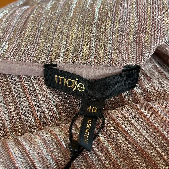 Maje Modern Rose Pink, Gold Metallic Faux Wrap V-Neck draped Mini Dress wSize 8