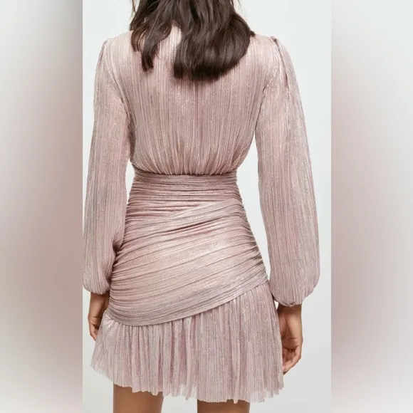 Maje Modern Rose Pink, Gold Metallic Faux Wrap V-Neck draped Mini Dress wSize 8