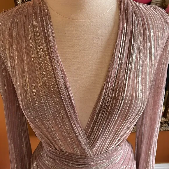 Maje Modern Rose Pink, Gold Metallic Faux Wrap V-Neck draped Mini Dress wSize 8