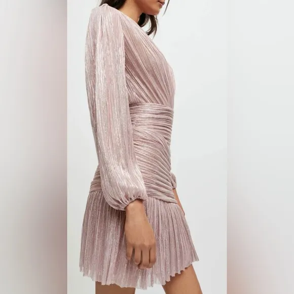 Maje Modern Rose Pink, Gold Metallic Faux Wrap V-Neck draped Mini Dress wSize 8