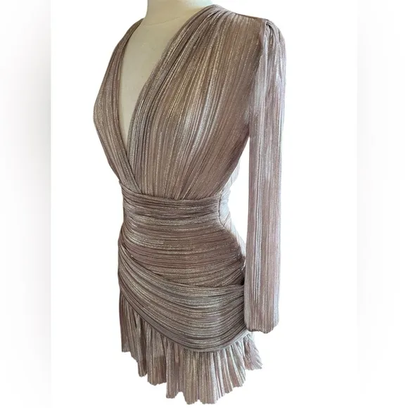 Maje Modern Rose Pink, Gold Metallic Faux Wrap V-Neck draped Mini Dress wSize 8