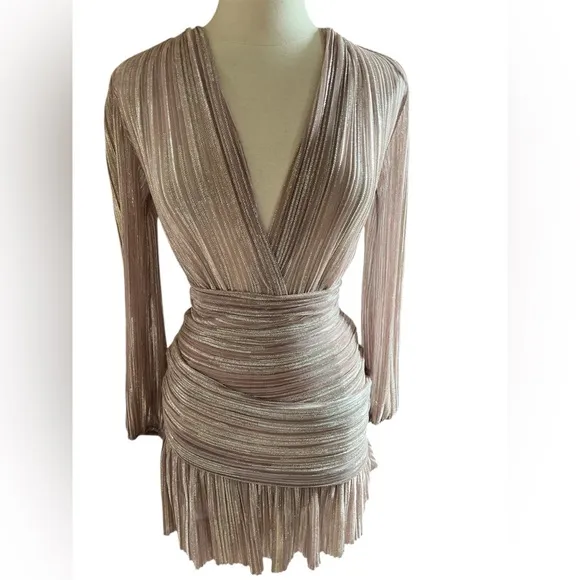 Maje Modern Rose Pink, Gold Metallic Faux Wrap V-Neck draped Mini Dress wSize 8