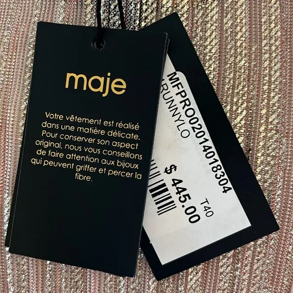 Maje Modern Rose Pink, Gold Metallic Faux Wrap V-Neck draped Mini Dress wSize 8