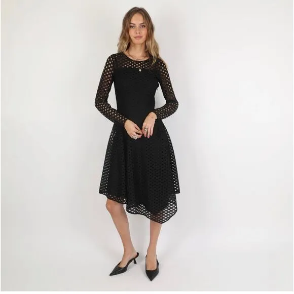 Maje Rana Black Eyelet Lace Semi Sheer Midi Dress size 1/ US XS