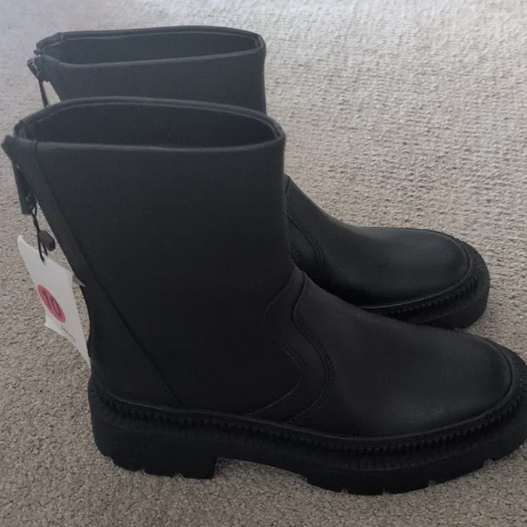 Mango Faux Leather Track Block Heel Ankle Black Boots