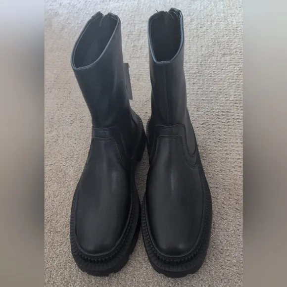 Mango Faux Leather Track Block Heel Ankle Black Boots