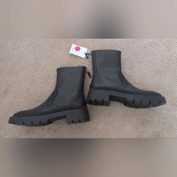 Mango Faux Leather Track Block Heel Ankle Black Boots