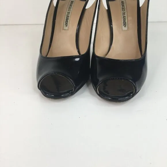 Manolo Blahnik Patent Leather Peep Toe Slingback Black Pumps Size 40.5