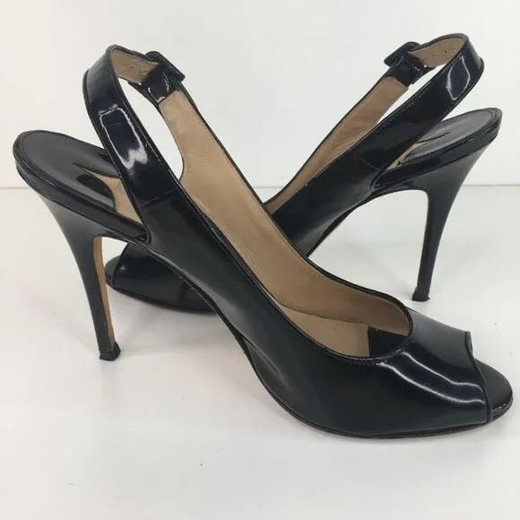 Manolo Blahnik Patent Leather Peep Toe Slingback Black Pumps Size 40.5