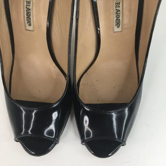 Manolo Blahnik Patent Leather Peep Toe Slingback Black Pumps Size 40.5