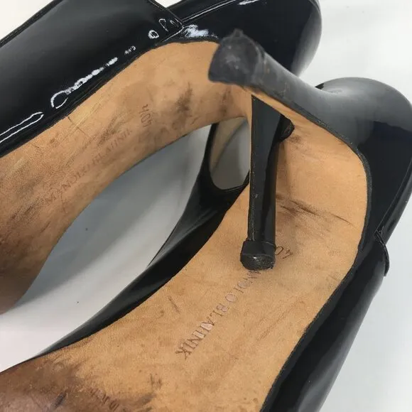 Manolo Blahnik Patent Leather Peep Toe Slingback Black Pumps Size 40.5