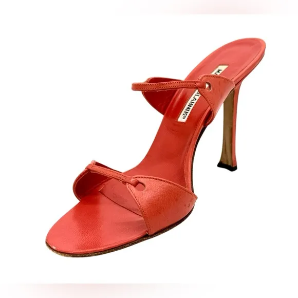 Manolo Blahnik Salmon Strappy Mule Sandals Heels Size 38 7.5 US